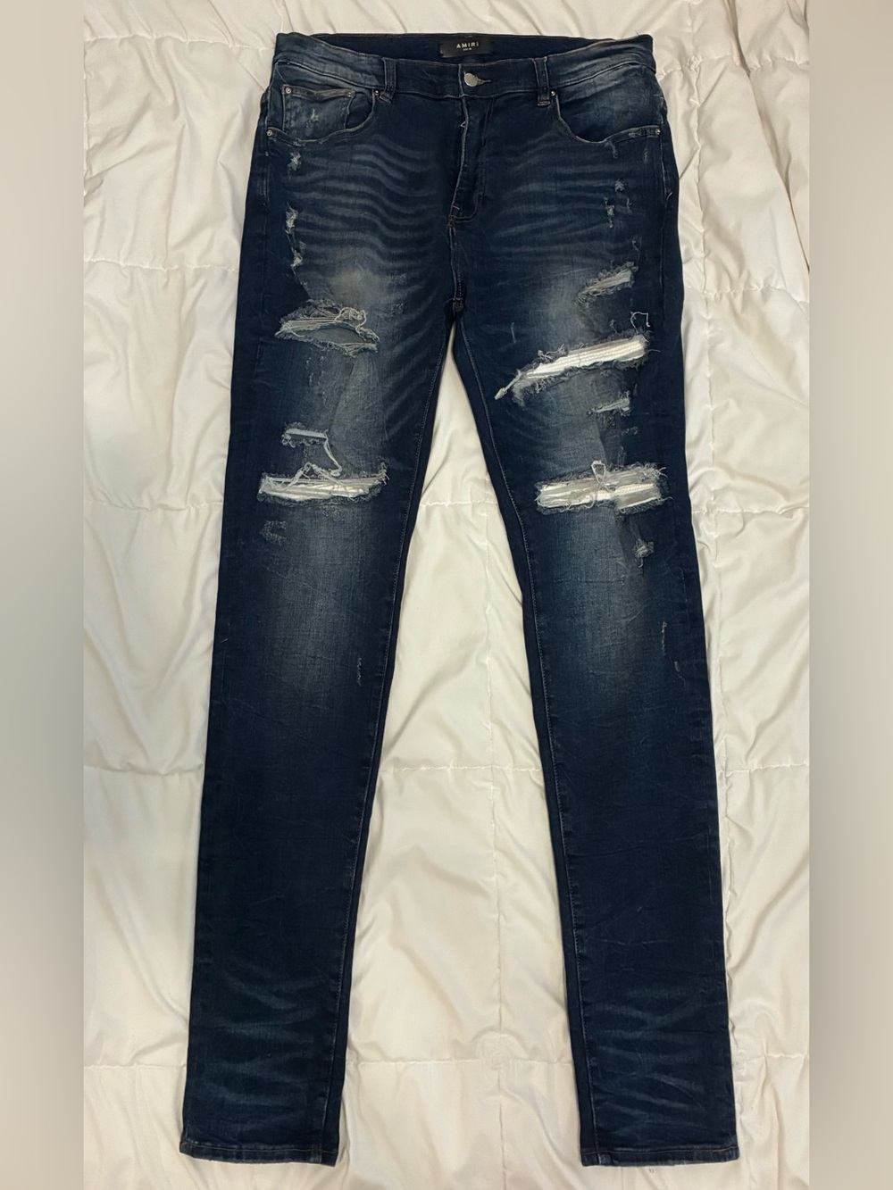 AMIRI Men's MX1 Distressed Slim-Fit Jeans in Dark Blue Size 38